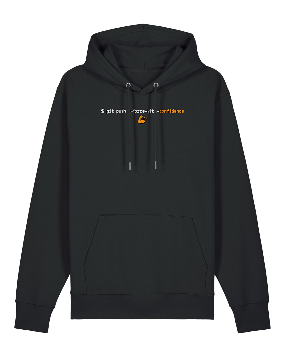 Black hoodie with terminal command "git push --force-with-confidence"