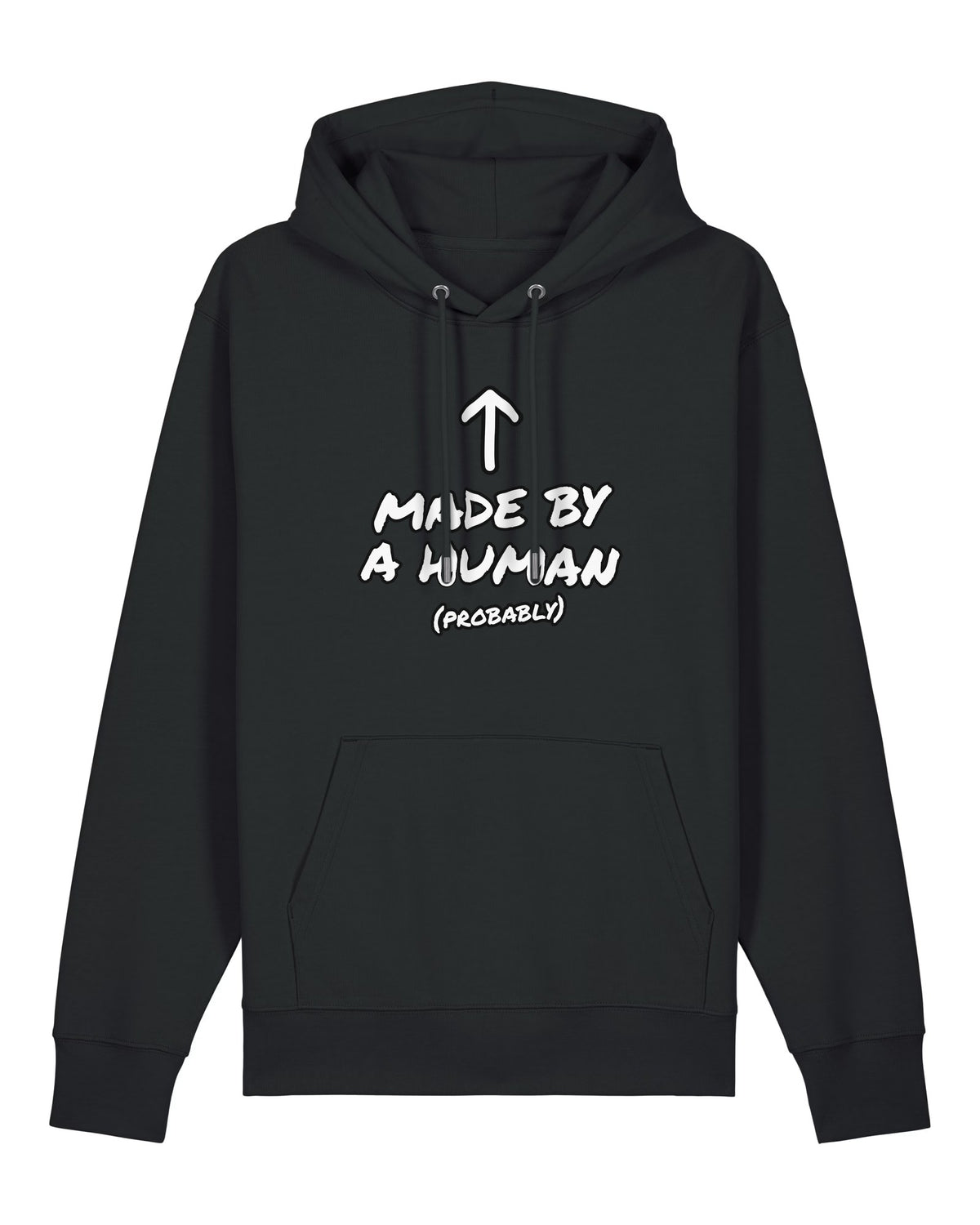 Black hoodie with hand-lettered "Made by a human (probably)" text