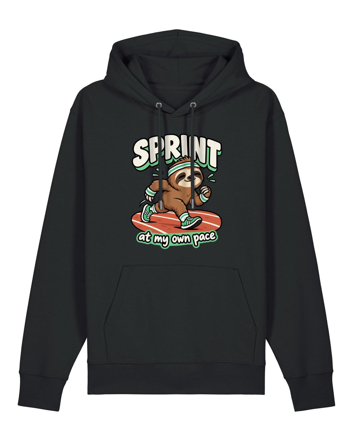 Black hoodie with happy sloth in a headband with "SPRINT at my own pace"