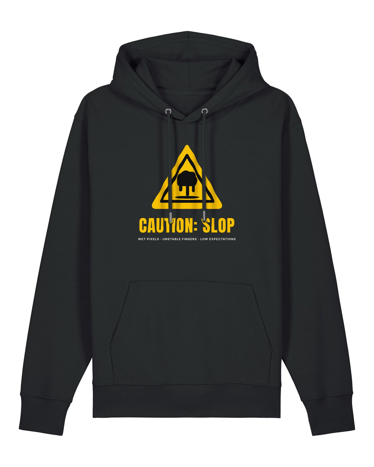 Black hoodie with yellow hazard sign "CAUTION: SLOP"