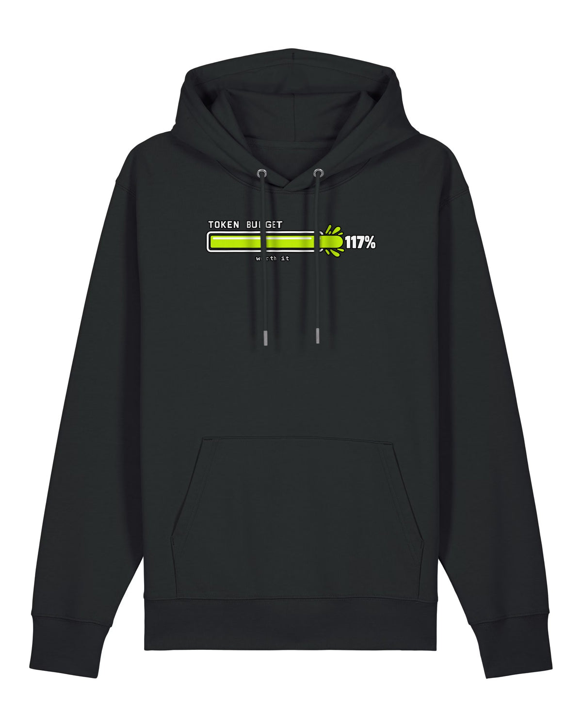 Black hoodie with progress bar over 100% with "TOKEN BUDGET 117% — worth it"