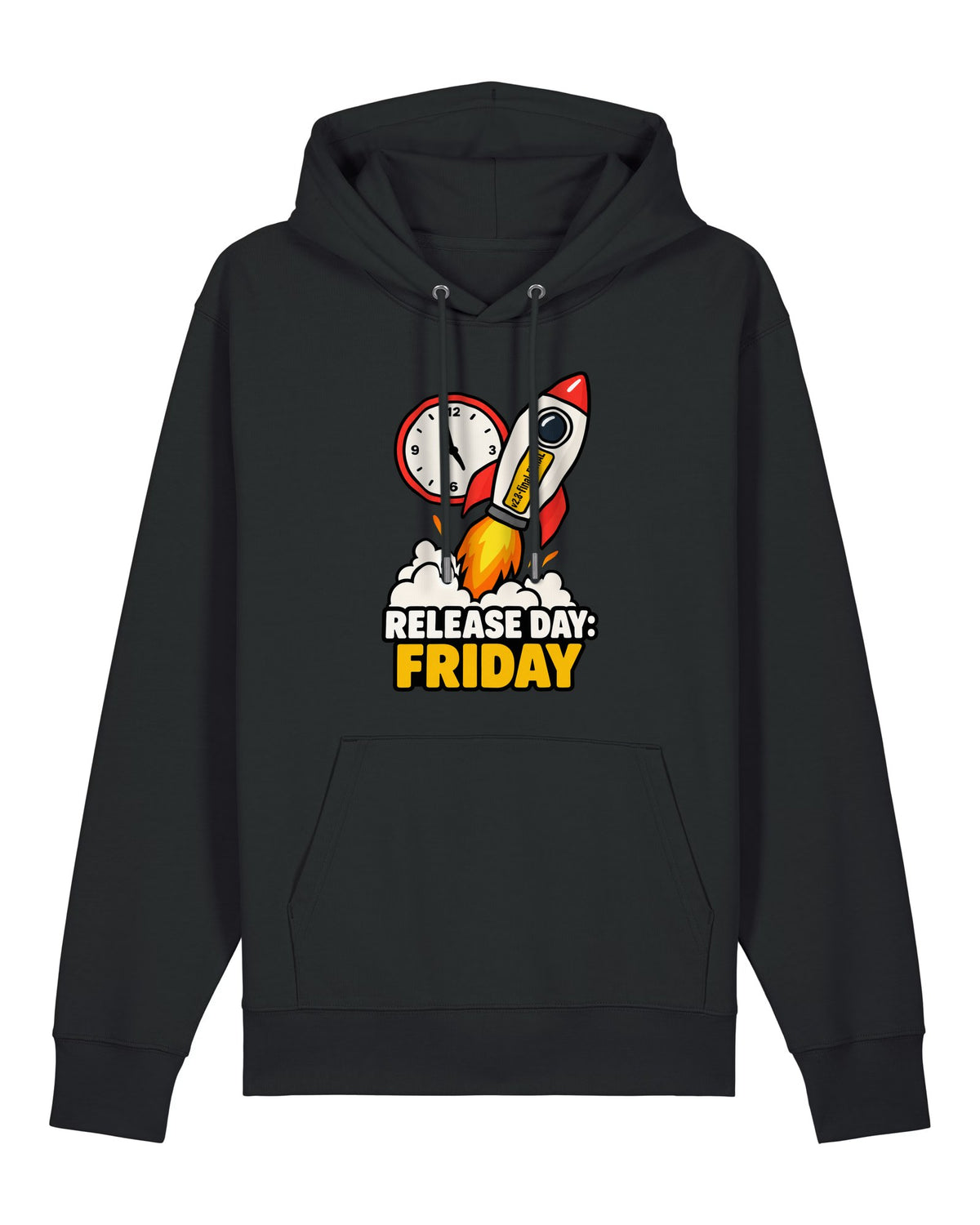 Black hoodie with rocket labelled "v2.8-final-FINAL" with "RELEASE DAY: FRIDAY"