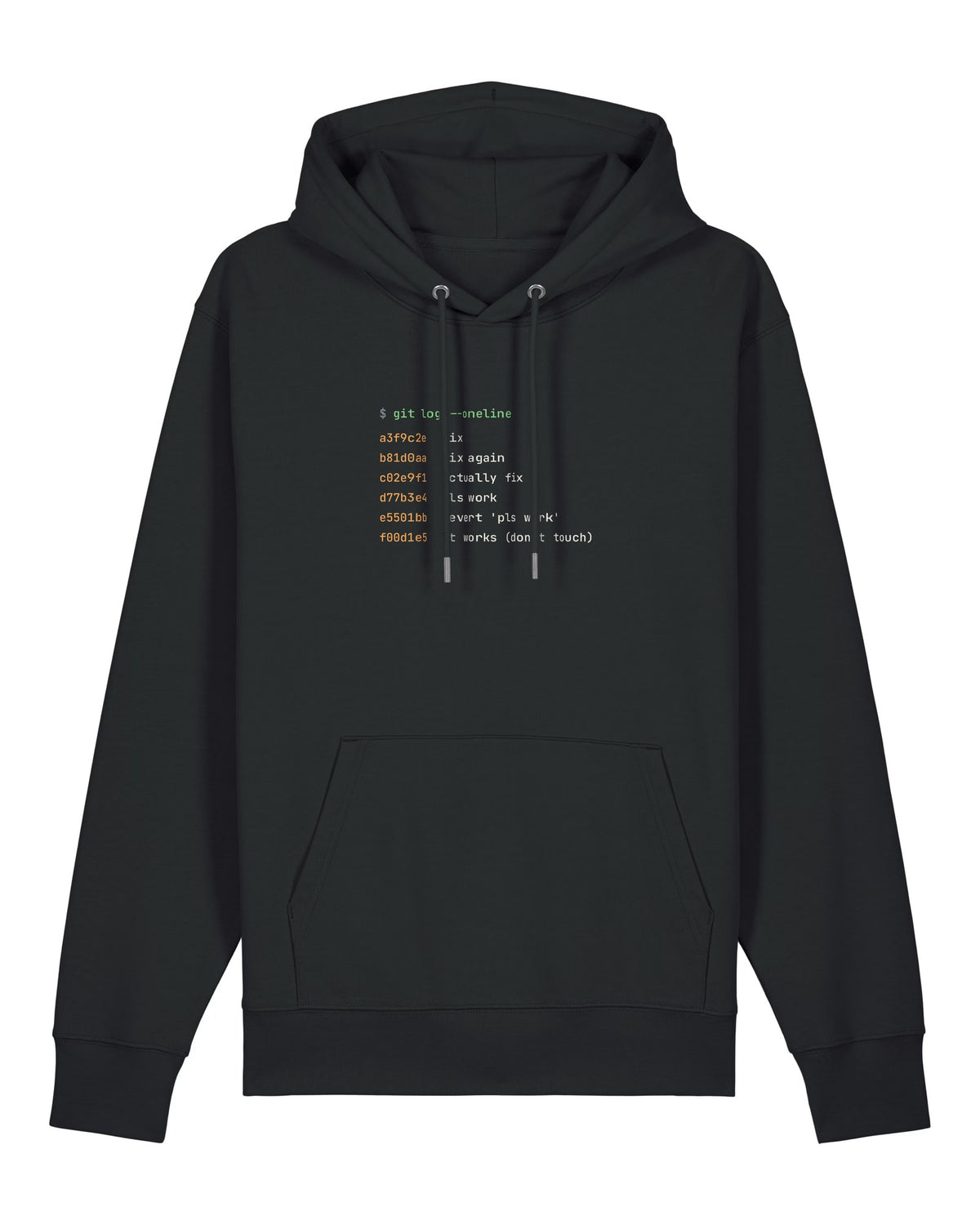 Black hoodie with git log with commits "fix", "fix again", "pls work"