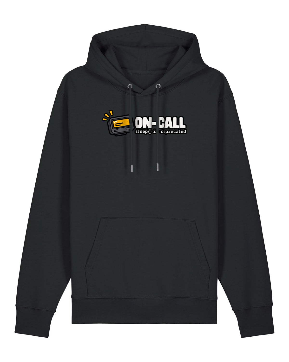Black hoodie with buzzing pager with "ON-CALL — sleep() is deprecated"