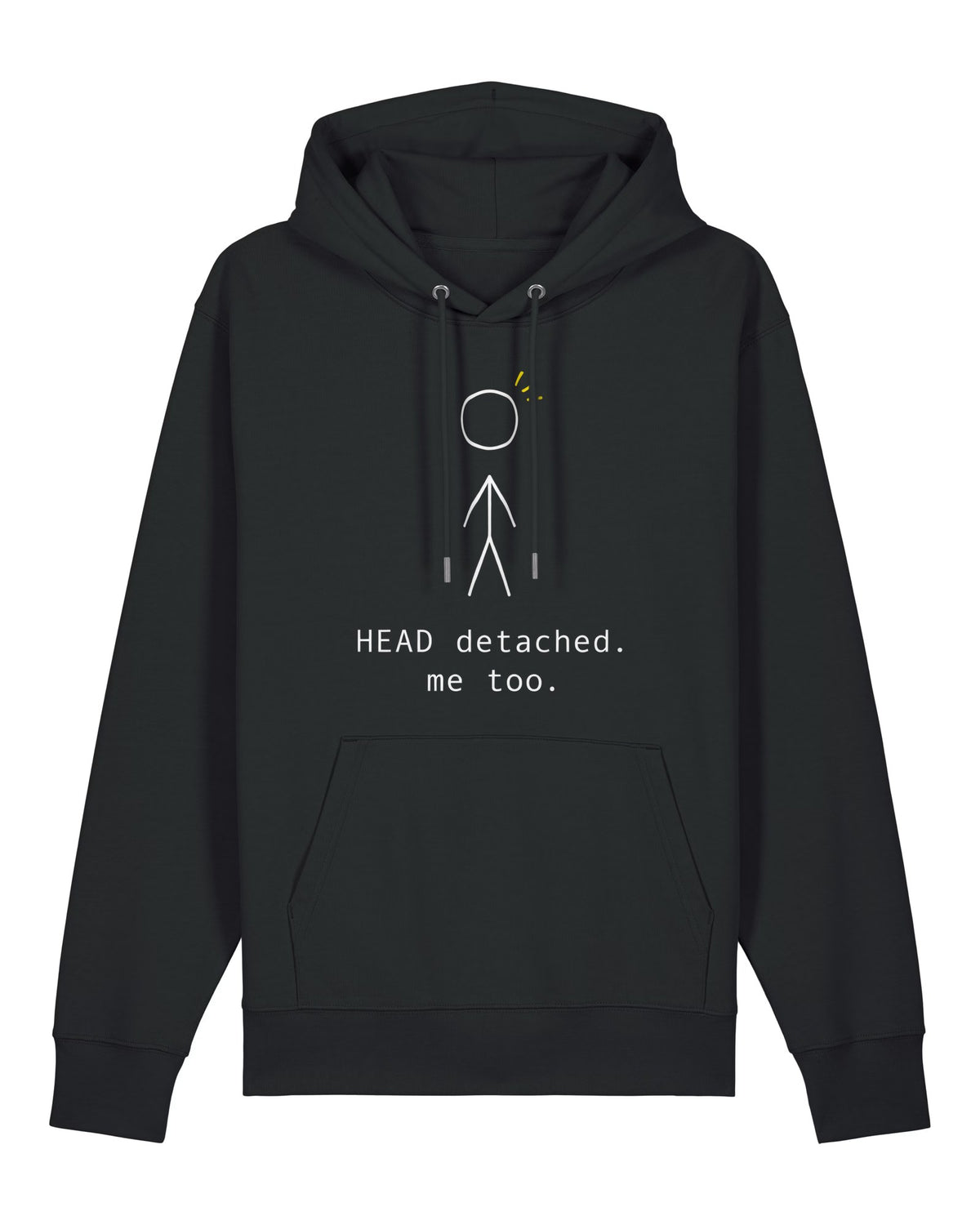 Black hoodie with stick figure with git warning "HEAD detached. me too."