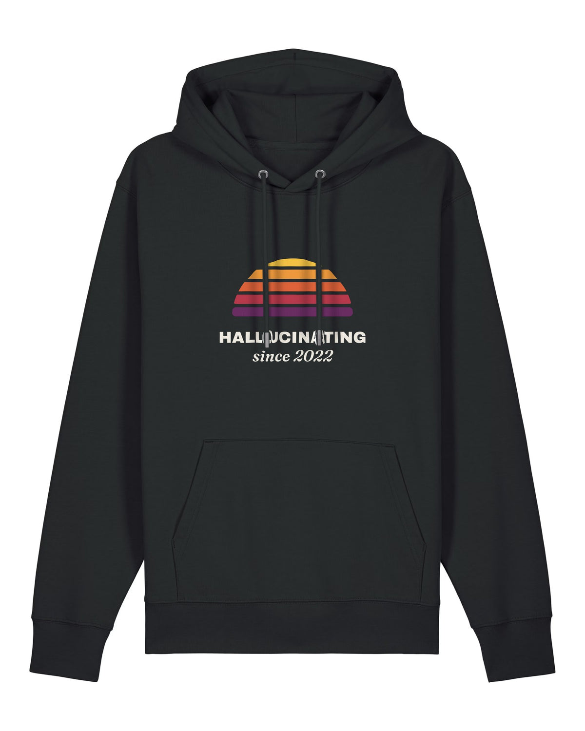 Black hoodie with retro sunset with "Hallucinating since 2022"