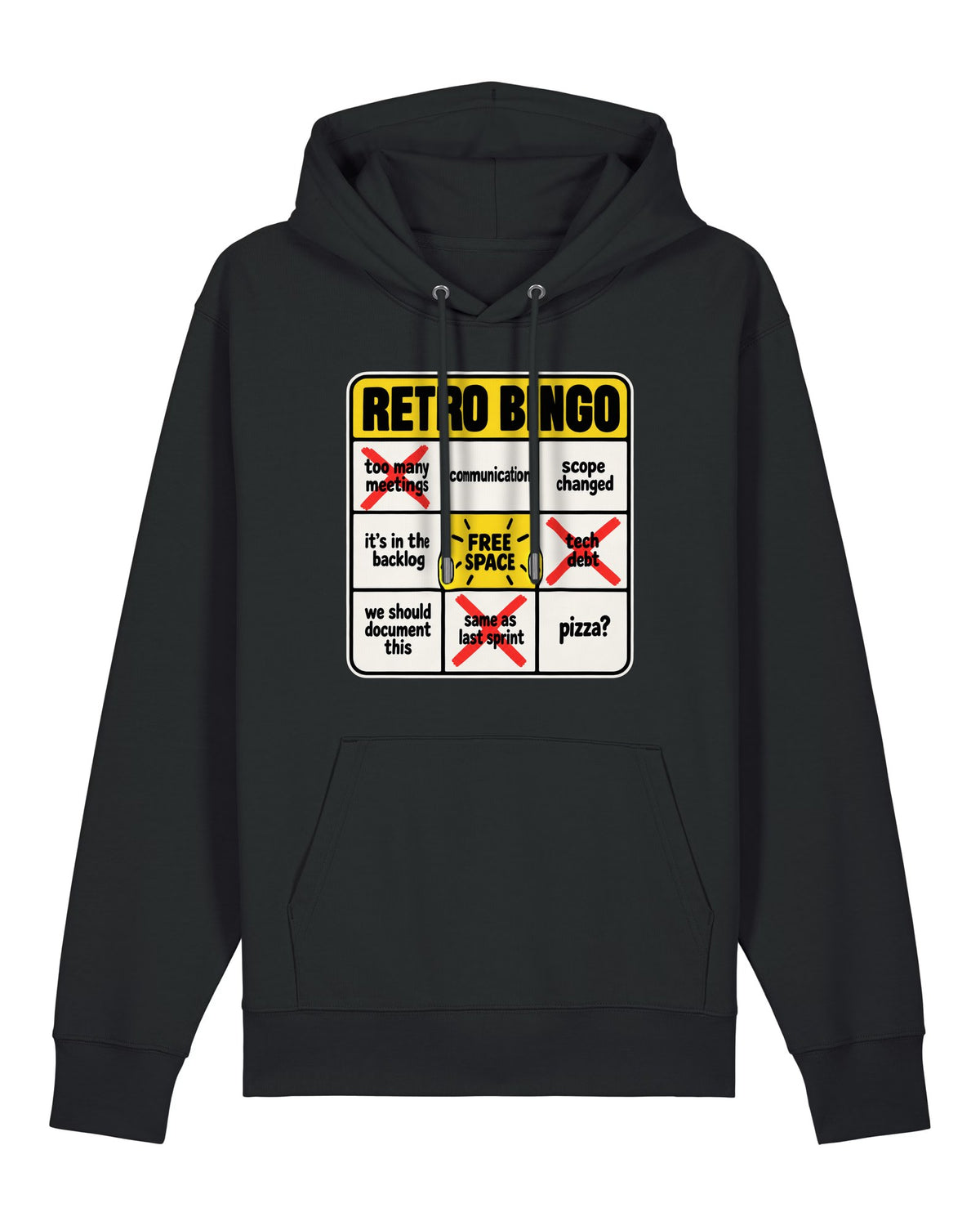 Black hoodie with bingo card with sprint retrospective clichés