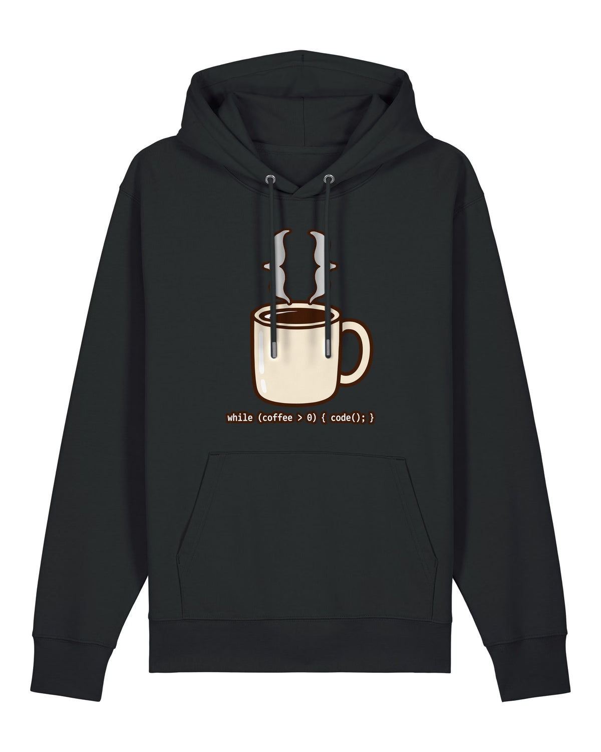 Black hoodie with steaming coffee cup made of curly braces with "while (coffee > 0) { code(); }"
