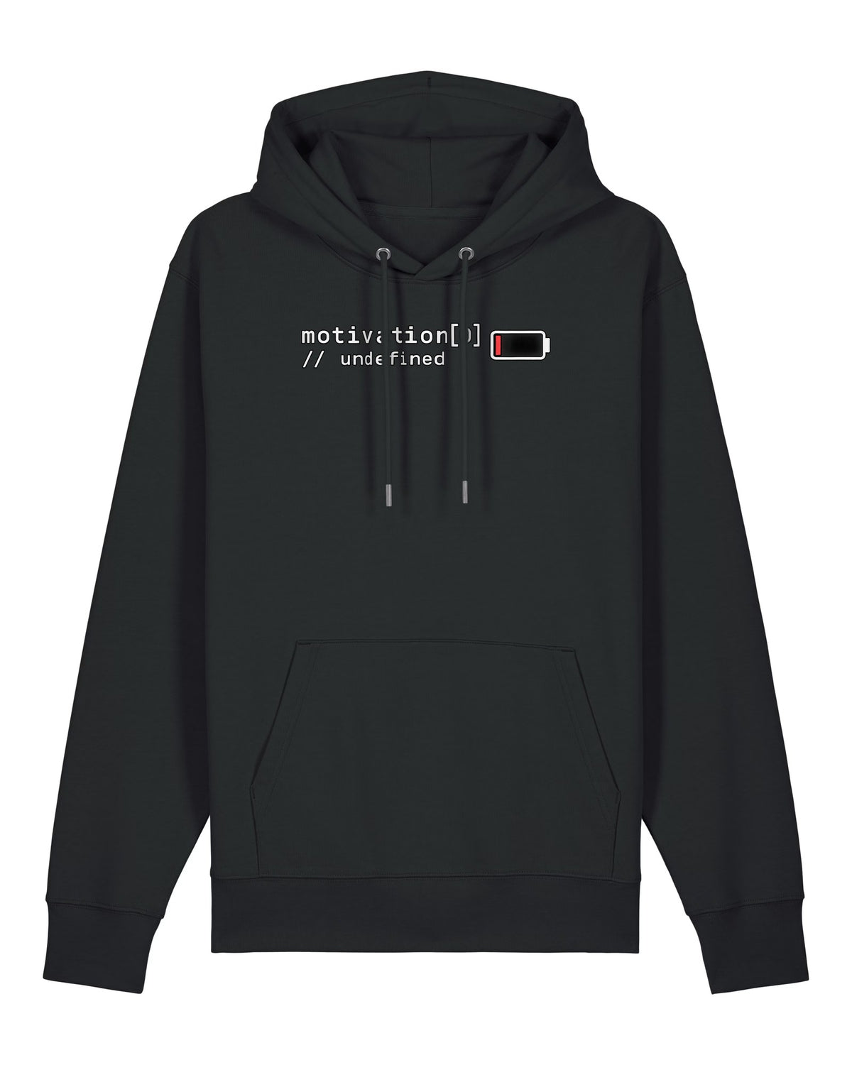 Black hoodie with code "motivation[0] // undefined" with a battery at 3%