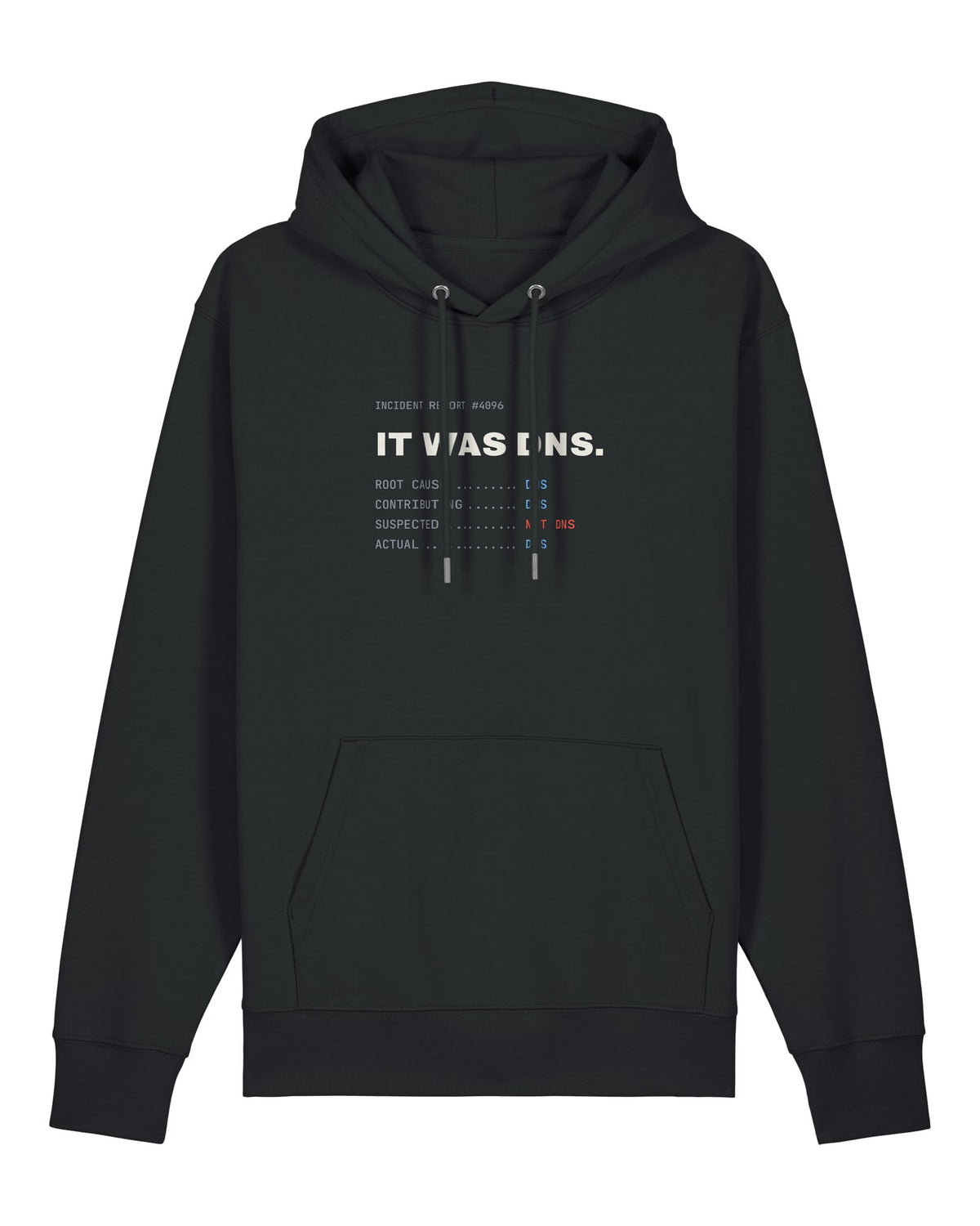 Black hoodie with "IT WAS DNS." incident report print for sysadmins