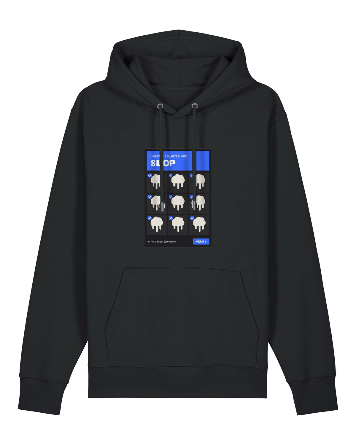 Black hoodie with captcha grid "Select all squares with SLOP"