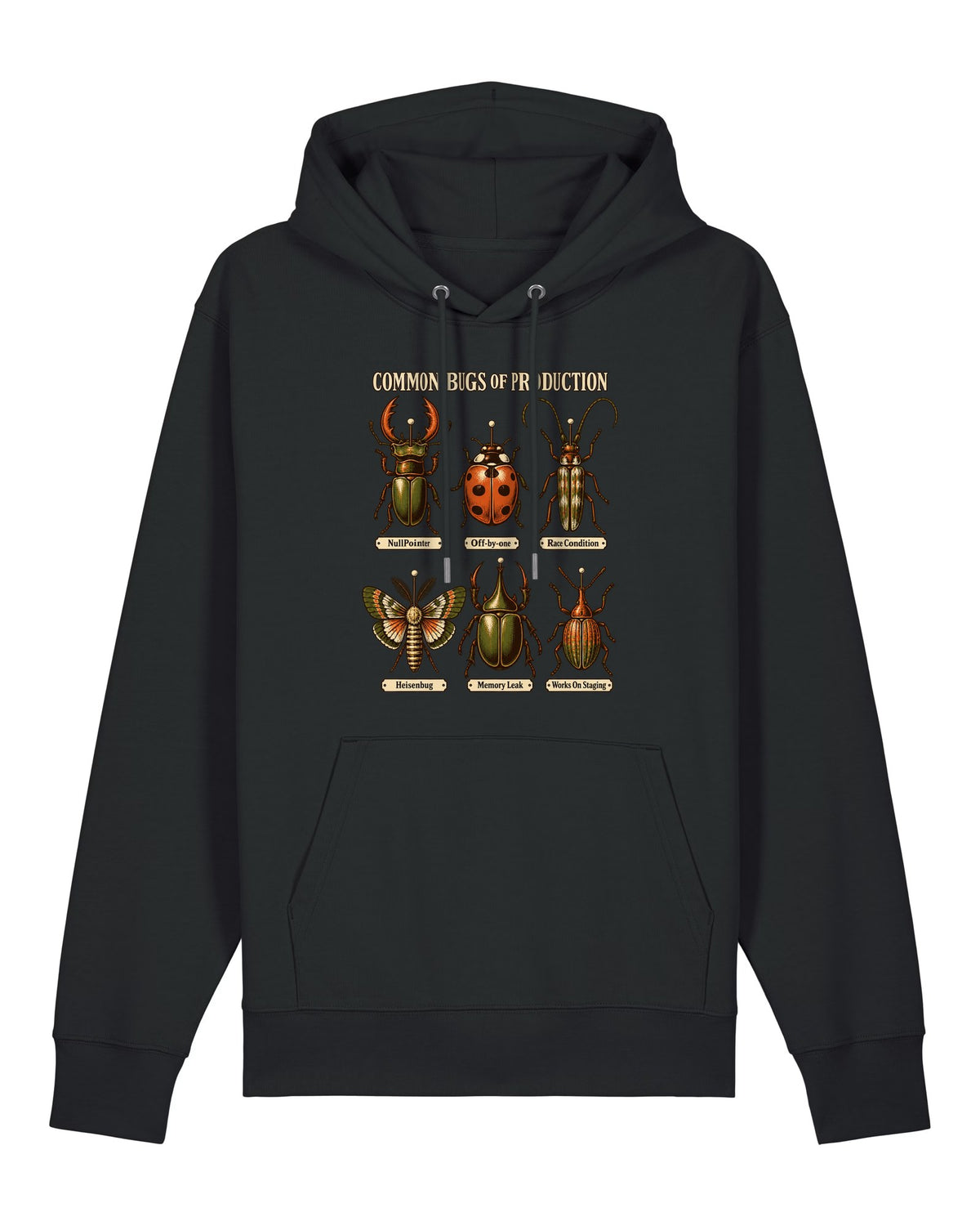 Black hoodie with vintage entomology plate of software bugs like NullPointer and Heisenbug