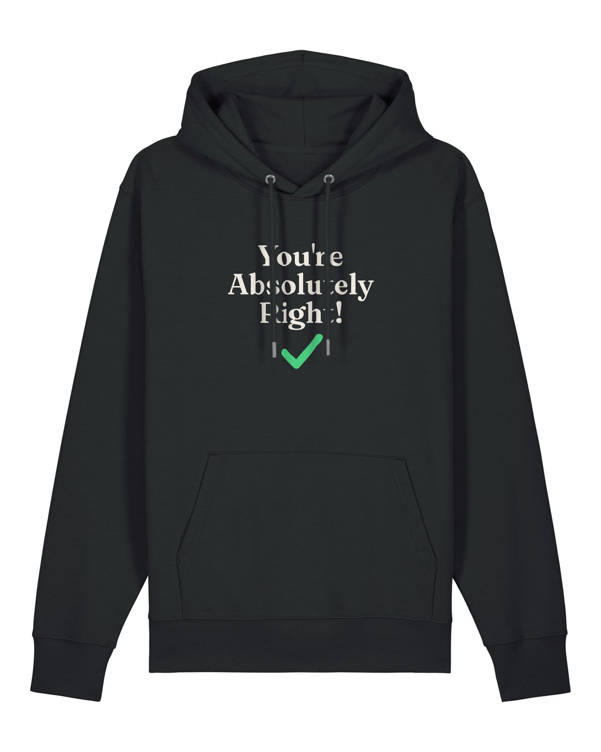 Black hoodie with "You're Absolutely Right!" chatbot quote and green checkmark