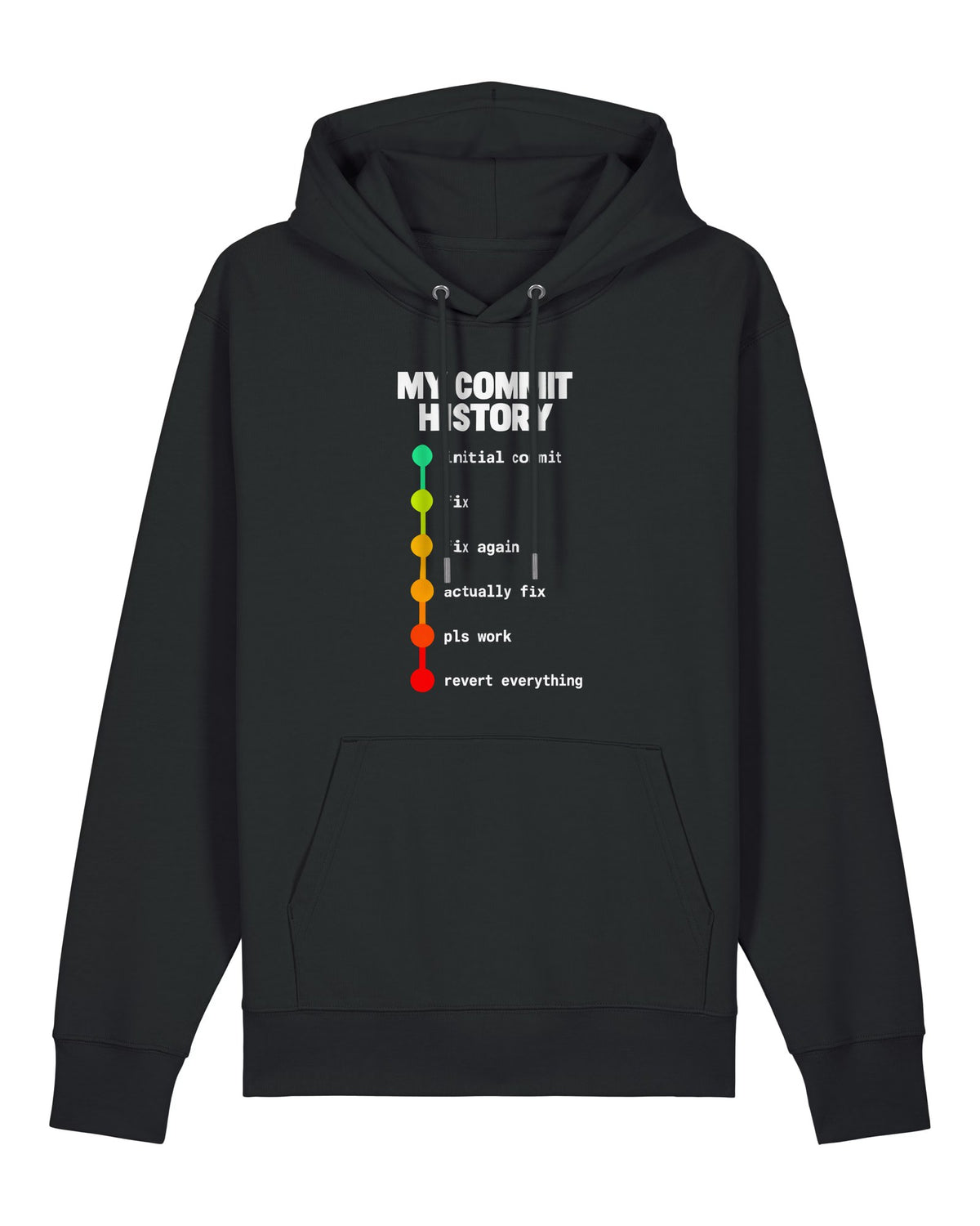 Black hoodie with colour-coded git commit timeline from "initial commit" to "revert everything"