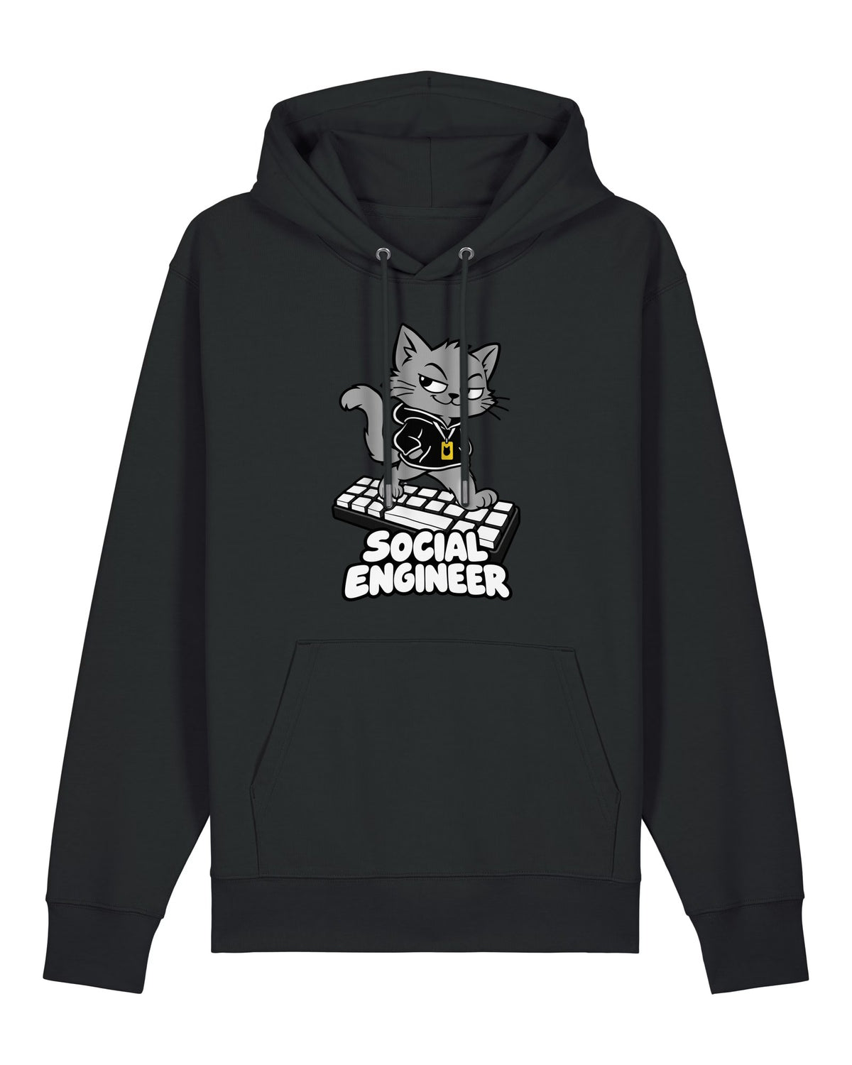 Black hoodie with cat in a hoodie with a lanyard, "SOCIAL ENGINEER"