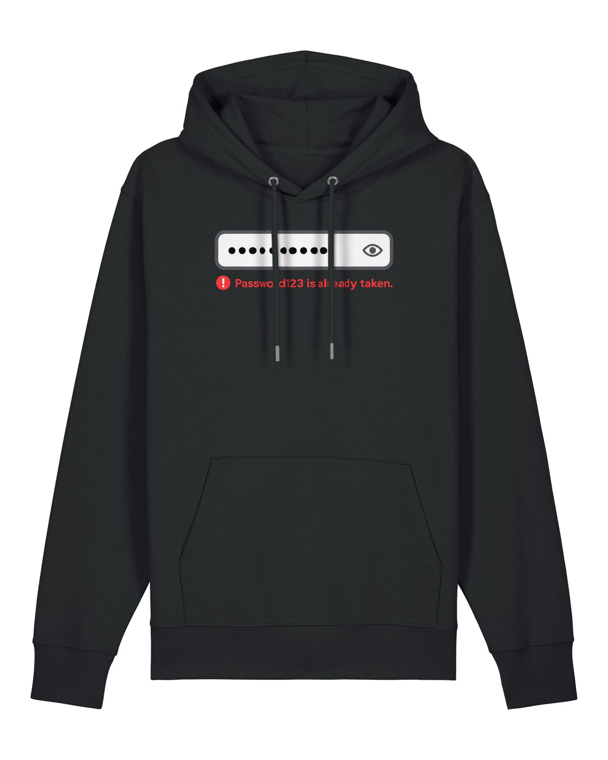 Black hoodie with login field with error "Password123 is already taken."
