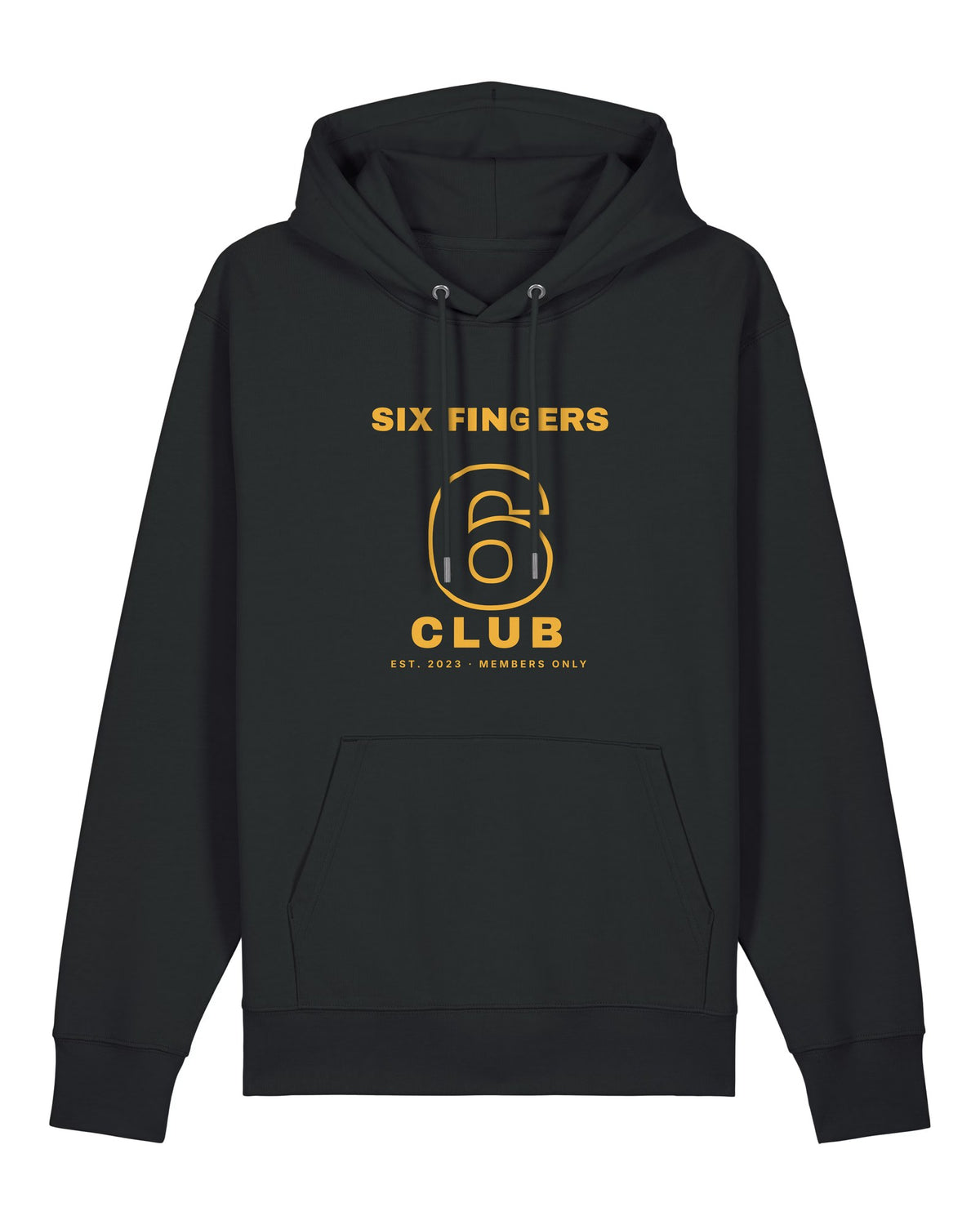 Black hoodie with "Six Fingers Club" varsity print, an AI art meme