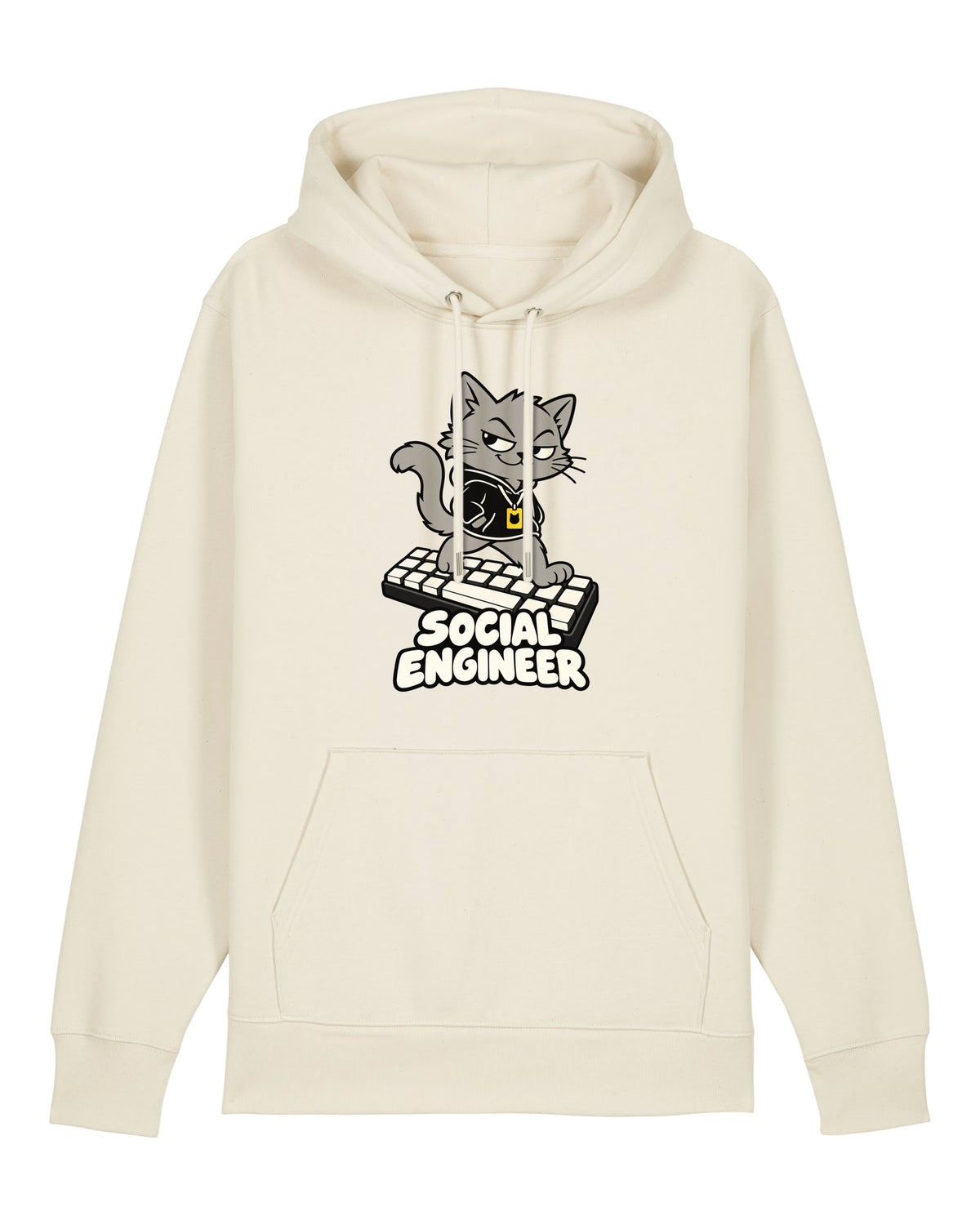 White hoodie with cat in a hoodie with a lanyard, "SOCIAL ENGINEER"