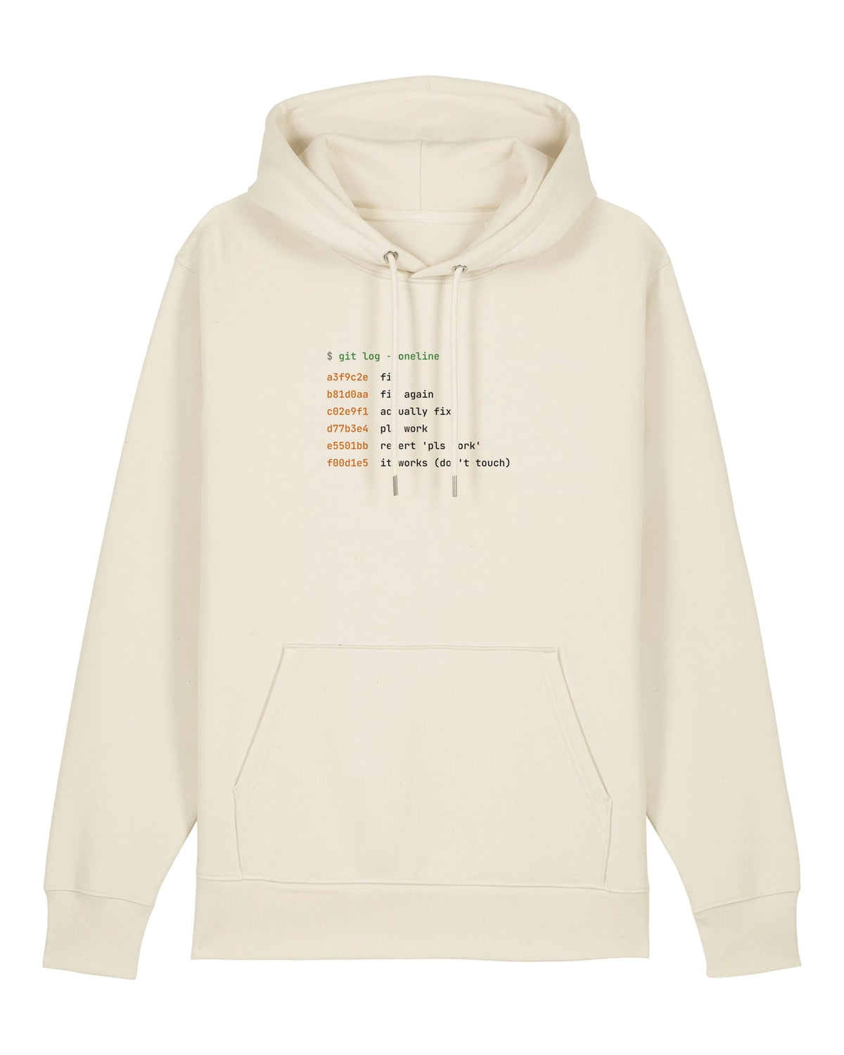 White hoodie with git log with commits "fix", "fix again", "pls work"