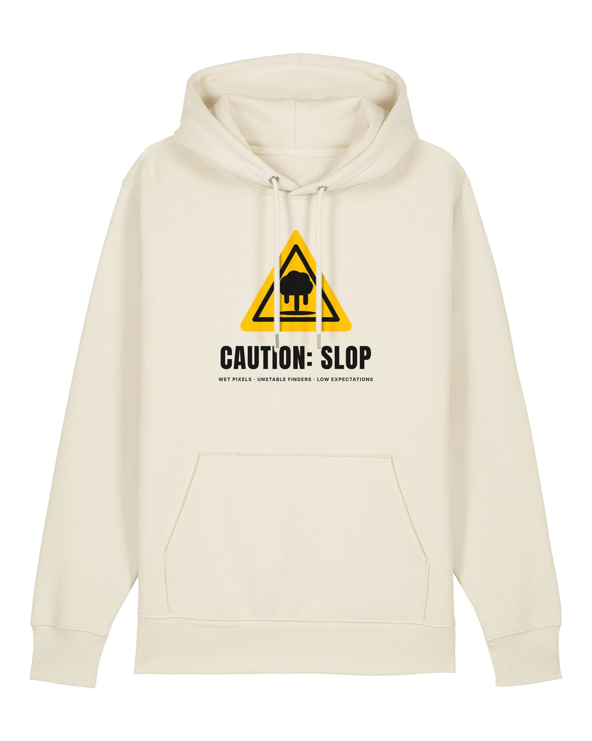 White hoodie with yellow hazard sign "CAUTION: SLOP"