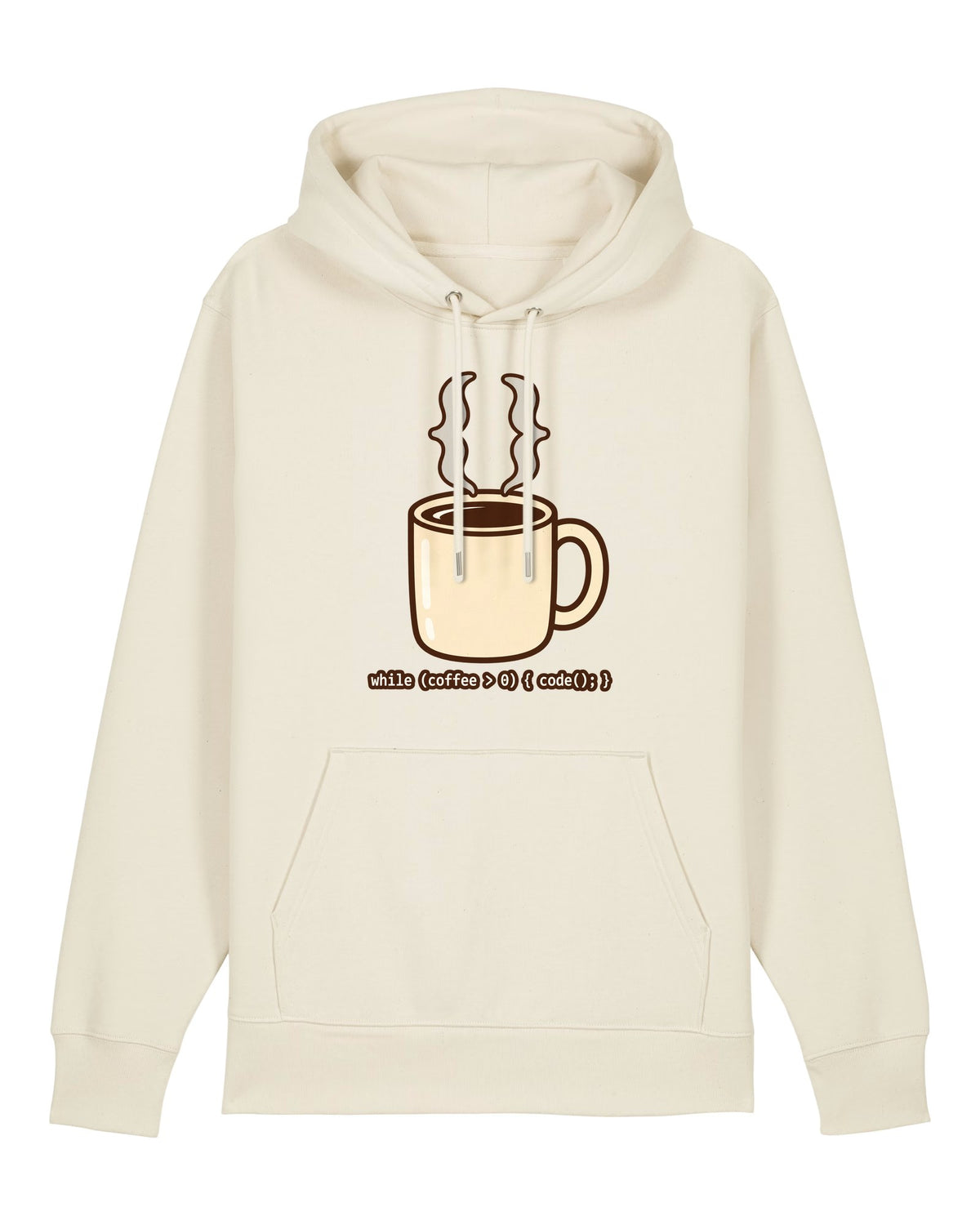 White hoodie with steaming coffee cup made of curly braces with "while (coffee > 0) { code(); }"