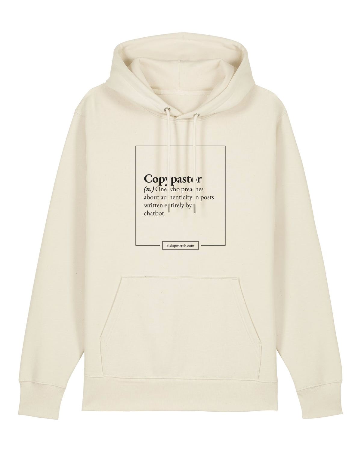 White hoodie with dictionary definition of "Copypastor (n.)"