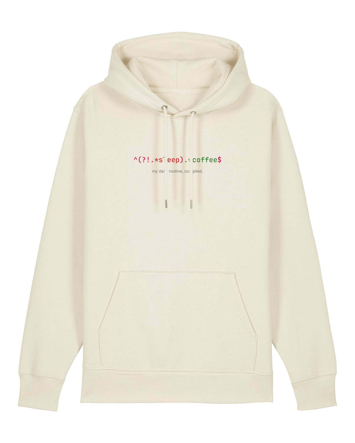 White hoodie with regular expression that matches coffee and rejects sleep