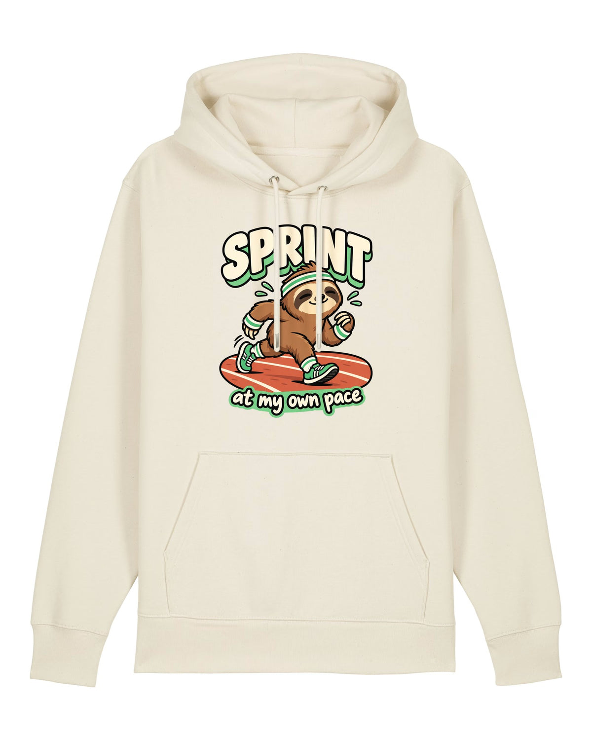 White hoodie with happy sloth in a headband with "SPRINT at my own pace"