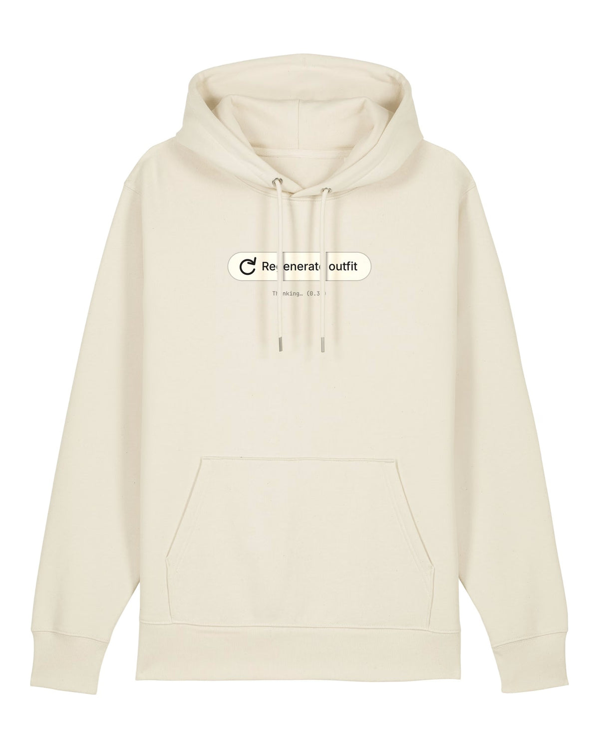 White hoodie with "Regenerate outfit" button with a thinking indicator