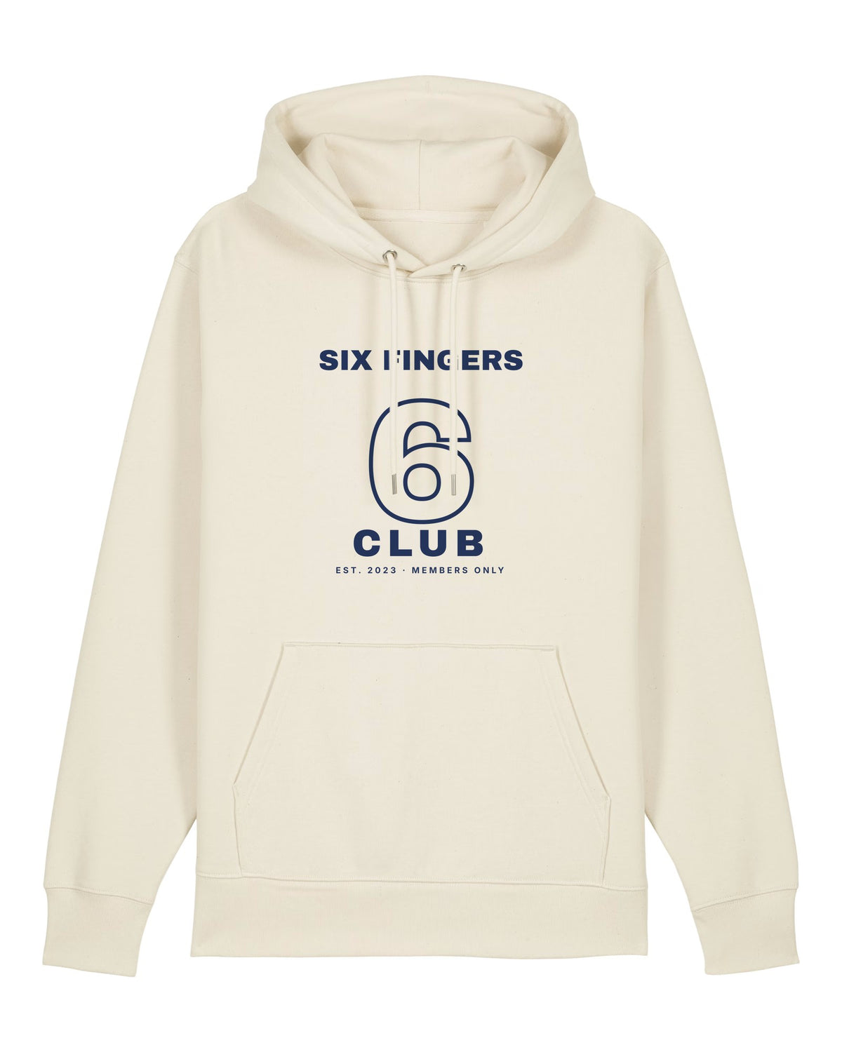 White hoodie with "Six Fingers Club" varsity print, an AI art meme