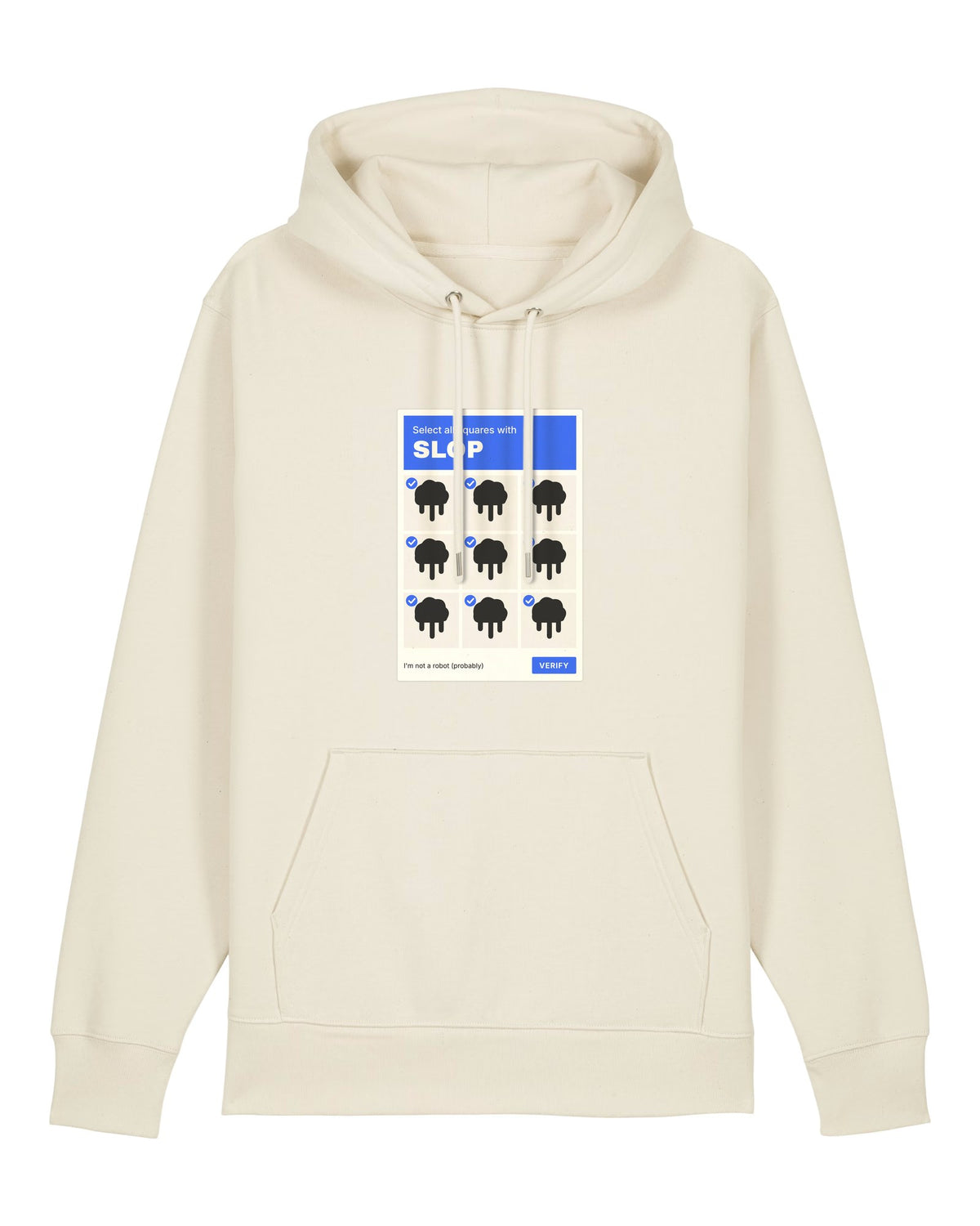 White hoodie with captcha grid "Select all squares with SLOP"