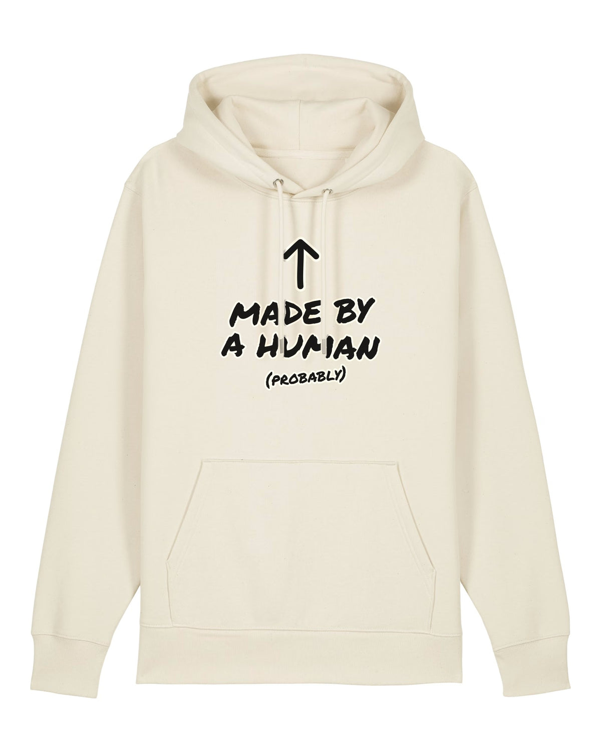 White hoodie with hand-lettered "Made by a human (probably)" text