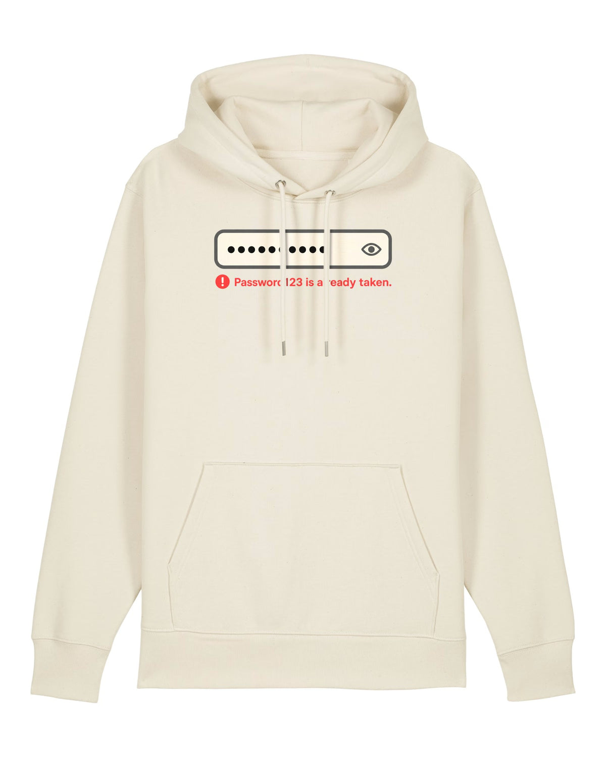 White hoodie with login field with error "Password123 is already taken."
