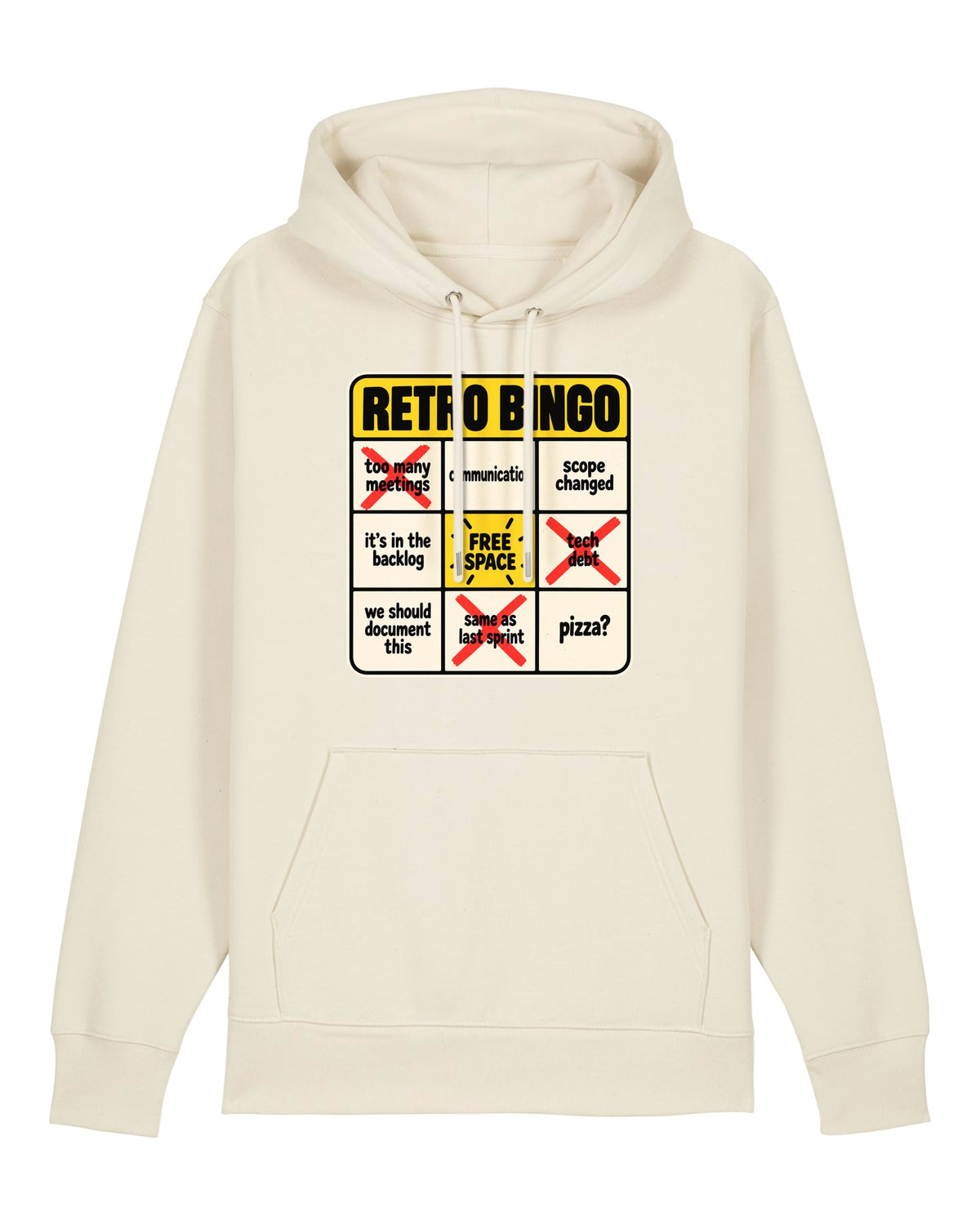 White hoodie with bingo card with sprint retrospective clichés