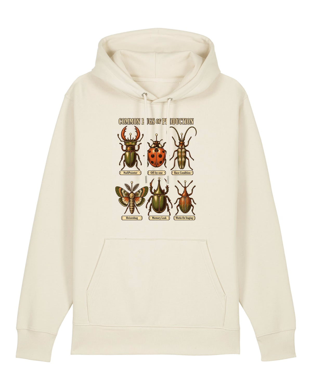 White hoodie with vintage entomology plate of software bugs like NullPointer and Heisenbug