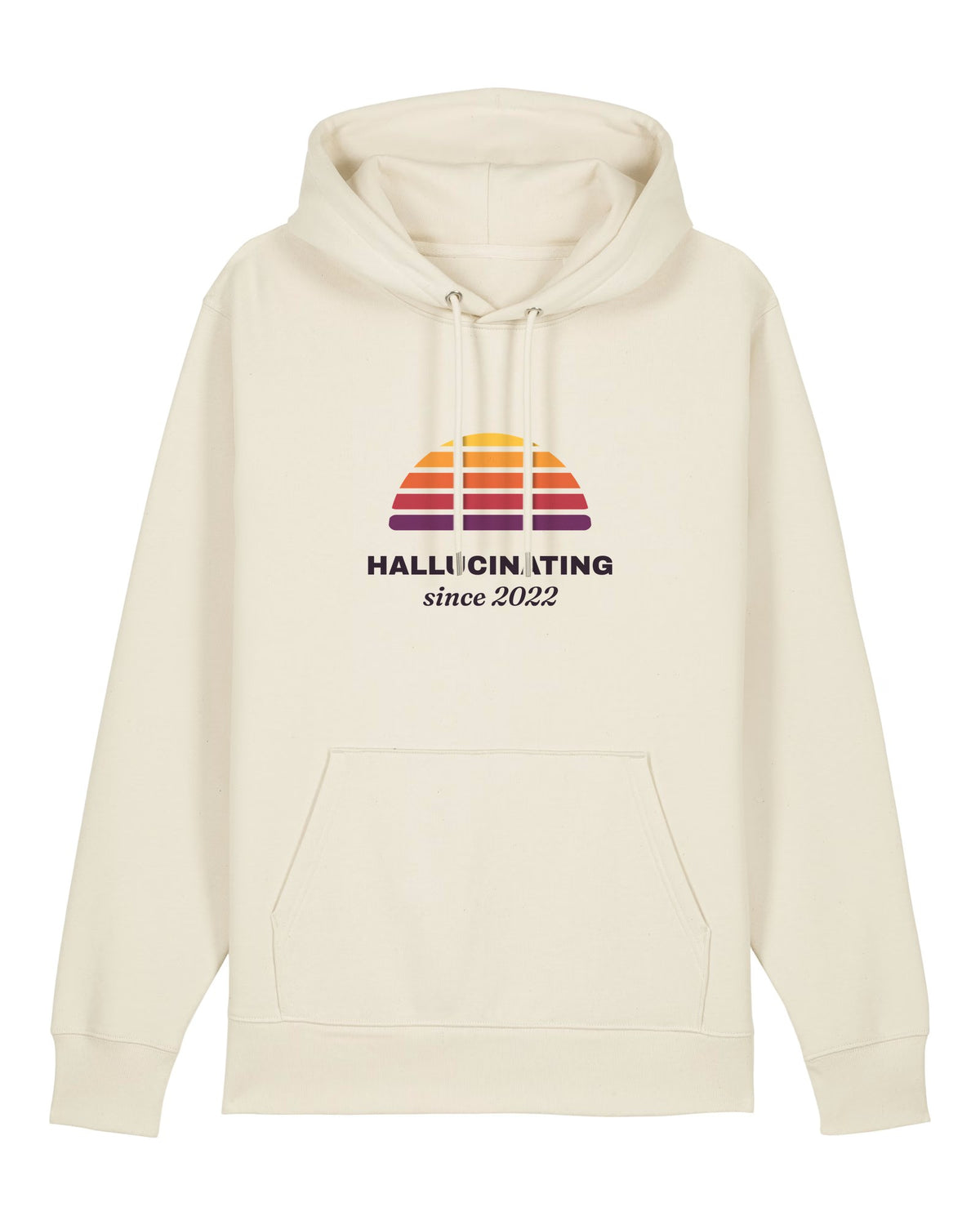 White hoodie with retro sunset with "Hallucinating since 2022"