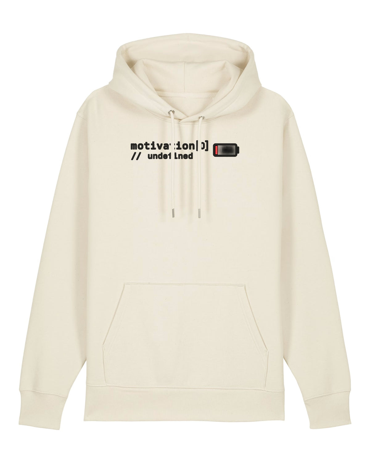 White hoodie with code "motivation[0] // undefined" with a battery at 3%