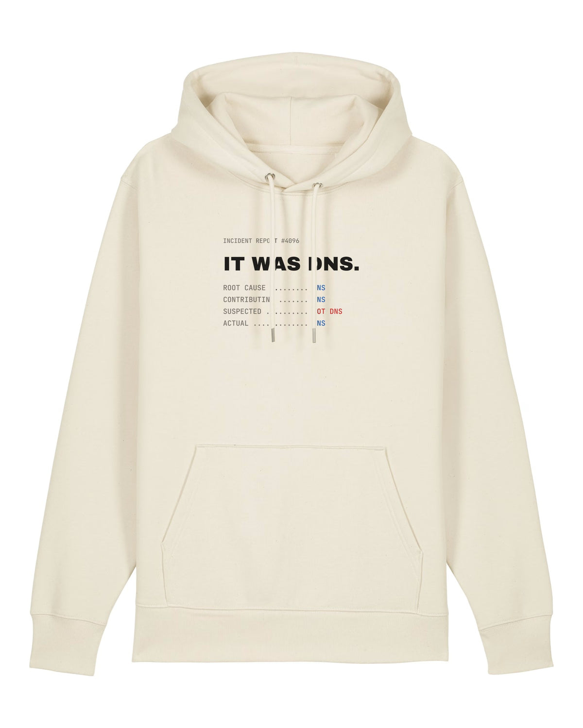 White hoodie with "IT WAS DNS." incident report print for sysadmins