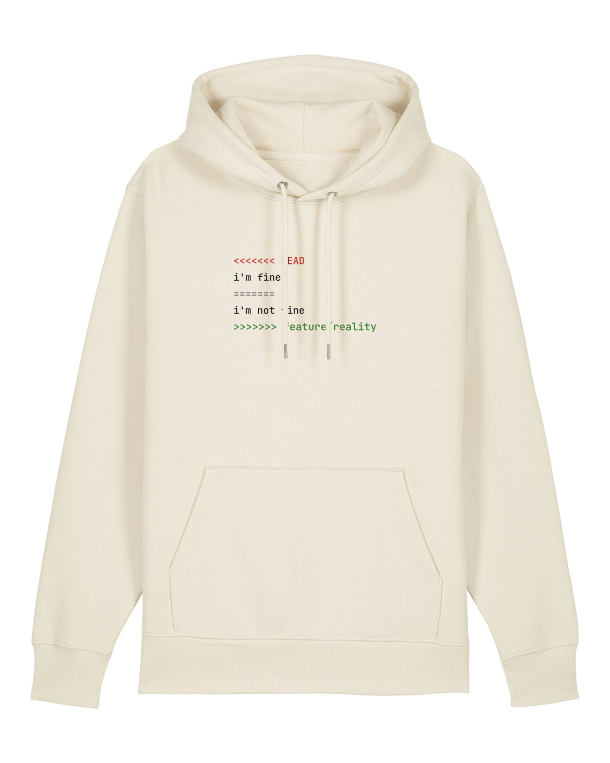 White hoodie with git merge conflict between "i'm fine" and "i'm not fine"