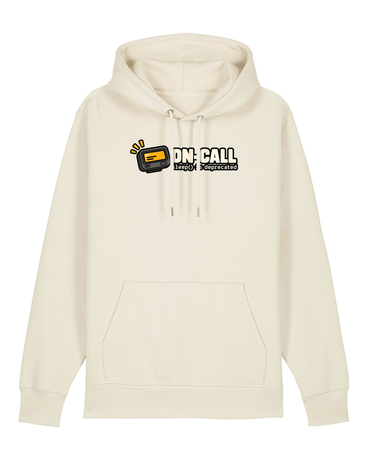White hoodie with buzzing pager with "ON-CALL — sleep() is deprecated"