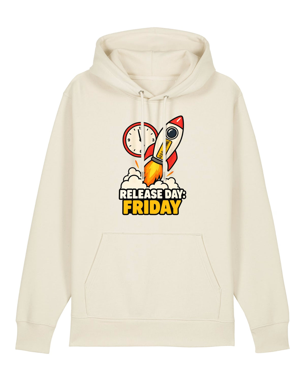 White hoodie with rocket labelled "v2.8-final-FINAL" with "RELEASE DAY: FRIDAY"