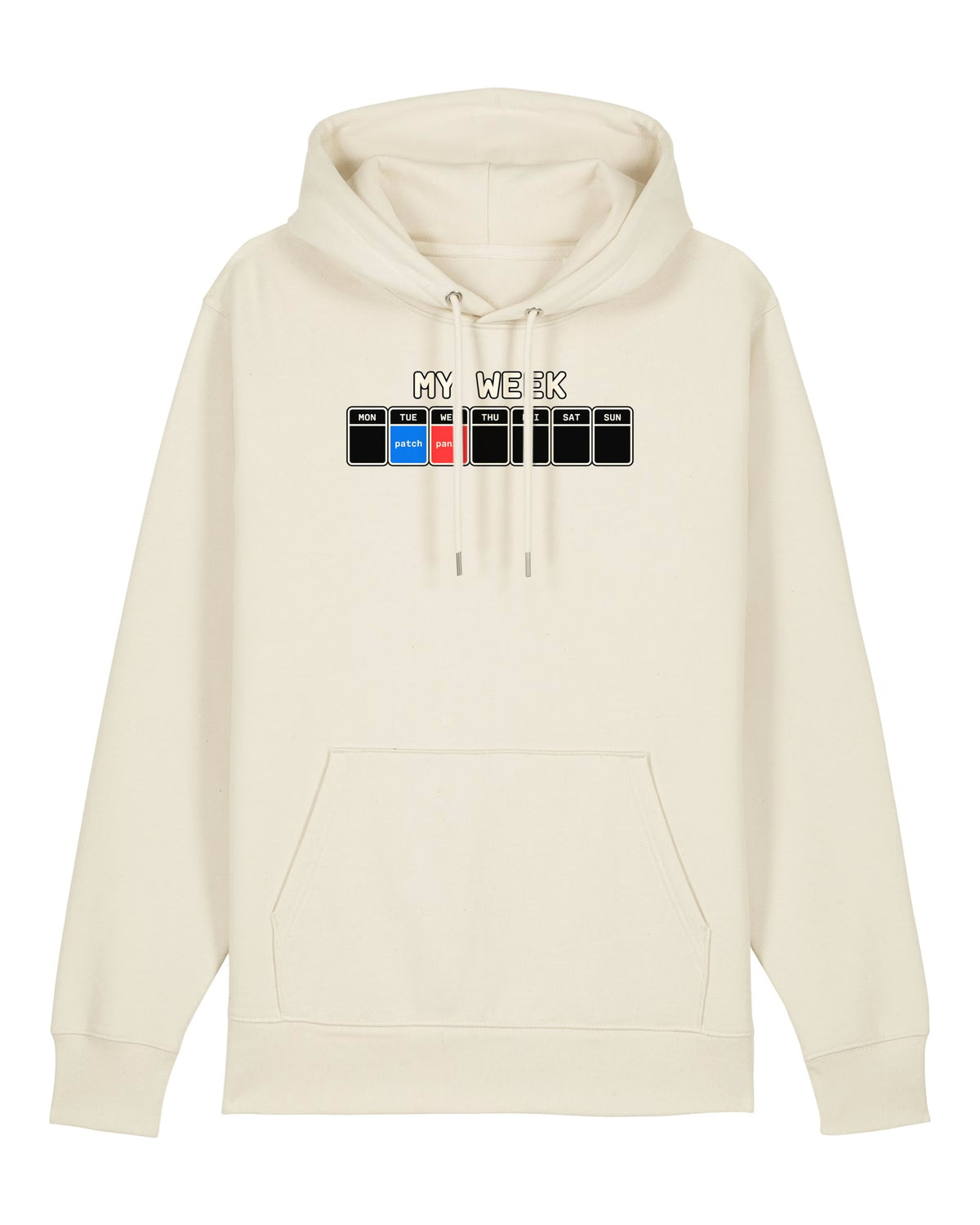 White hoodie with weekly calendar with only "patch" and "panic"