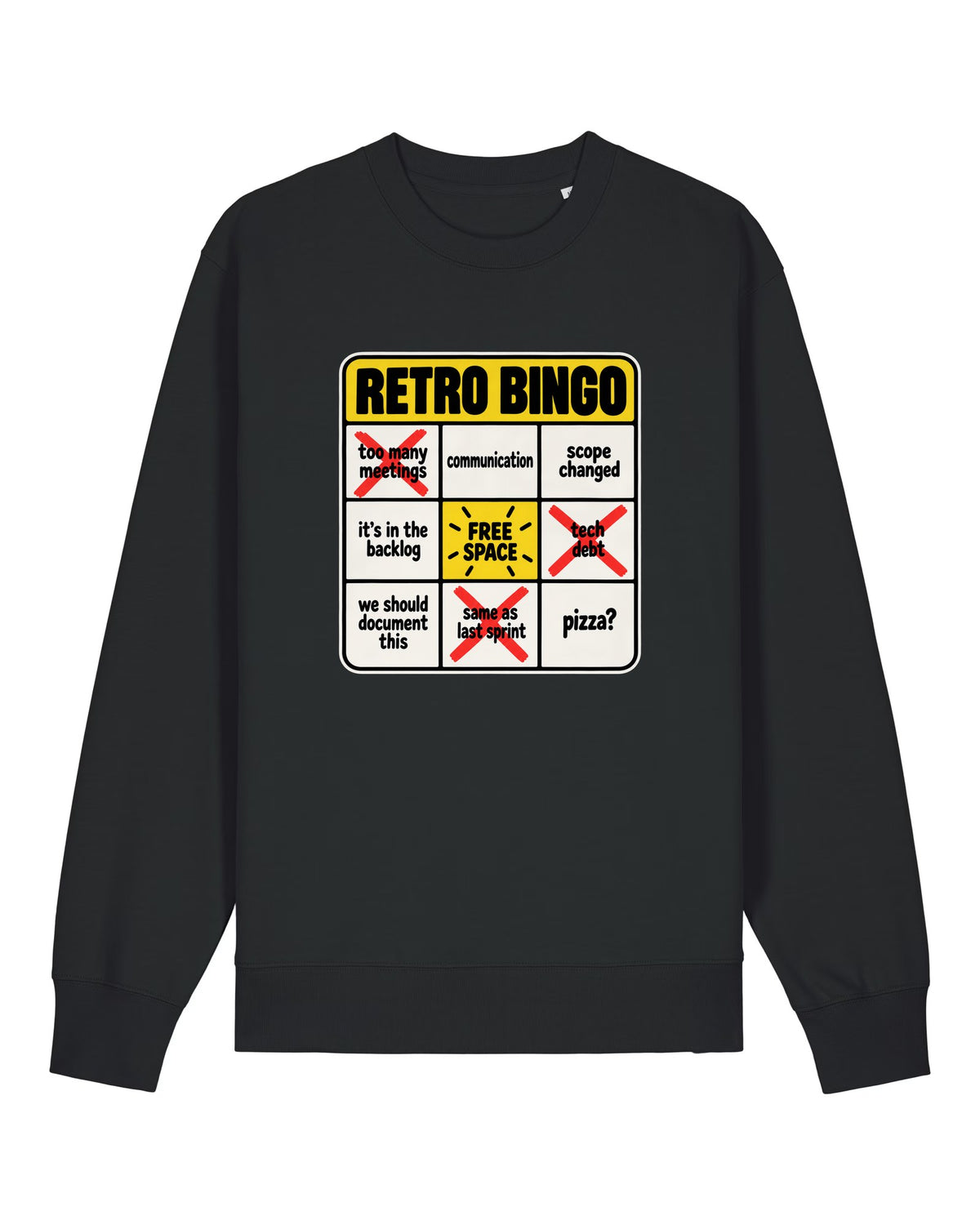Black crewneck sweatshirt with bingo card with sprint retrospective clichés