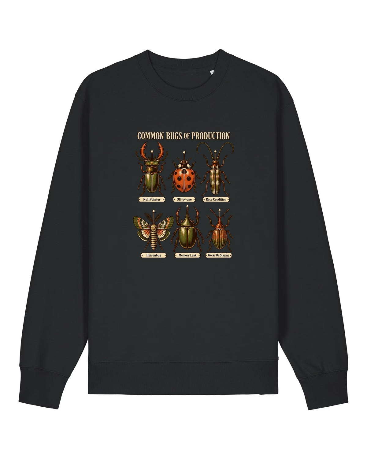 Black crewneck sweatshirt with vintage entomology plate of software bugs like NullPointer and Heisenbug