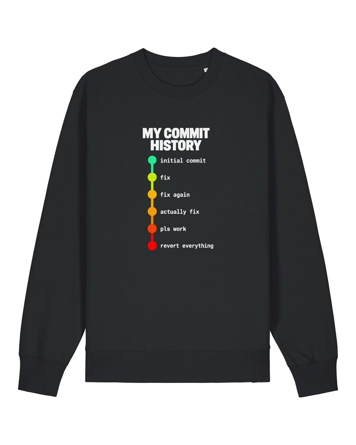 Black crewneck sweatshirt with colour-coded git commit timeline from "initial commit" to "revert everything"