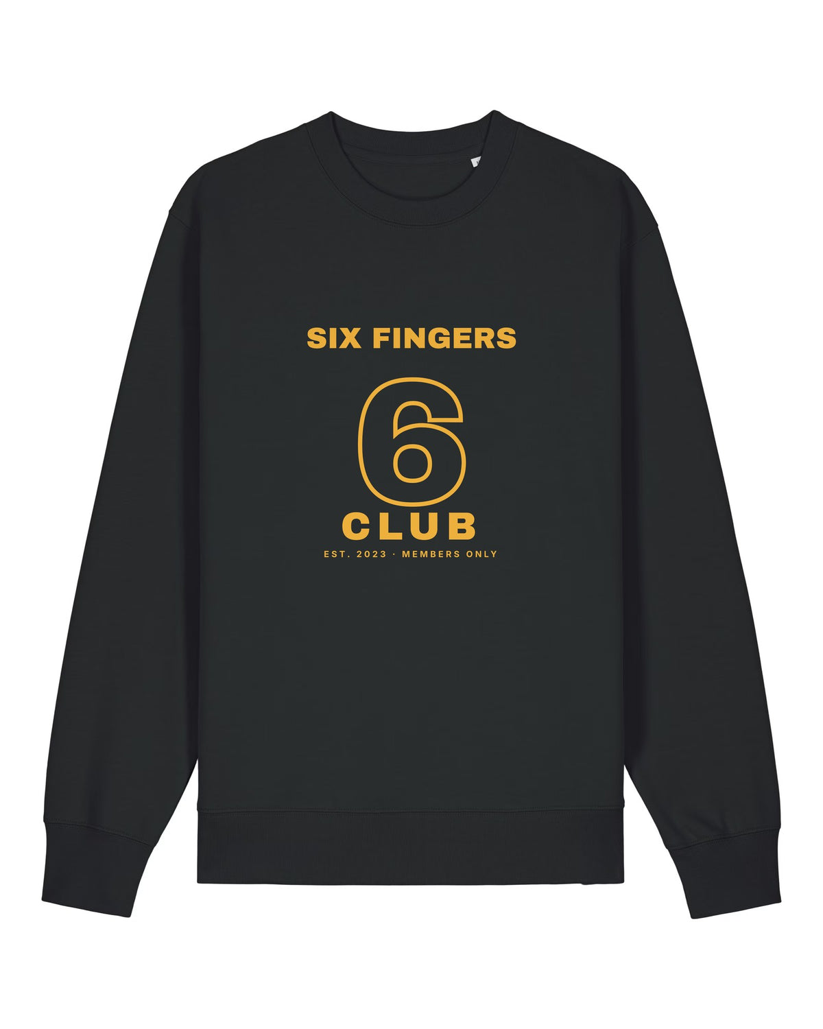 Black crewneck sweatshirt with "Six Fingers Club" varsity print, an AI art meme