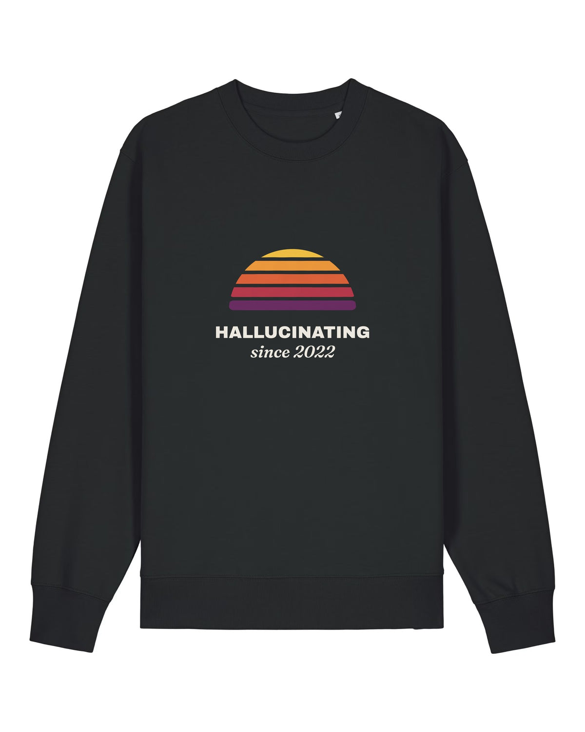 Black crewneck sweatshirt with retro sunset with "Hallucinating since 2022"