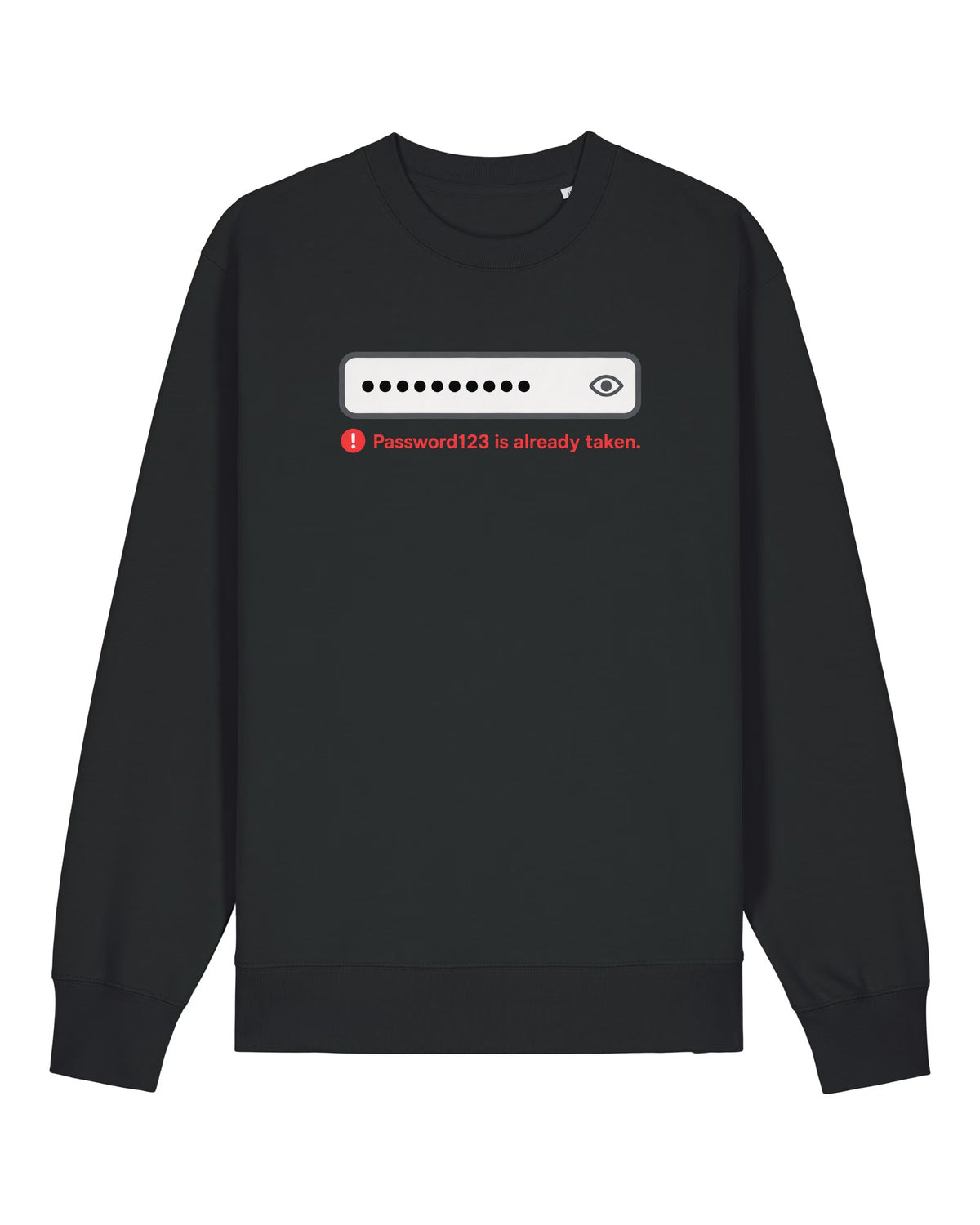 Black crewneck sweatshirt with login field with error "Password123 is already taken."