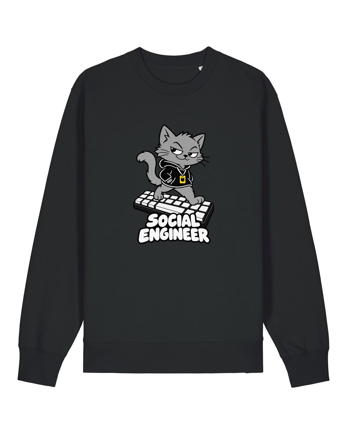 Black crewneck sweatshirt with cat in a hoodie with a lanyard, "SOCIAL ENGINEER"