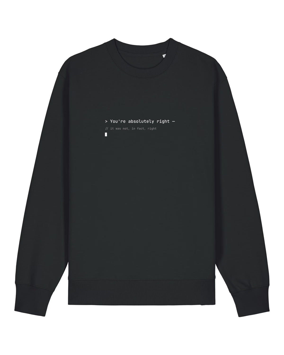 Black crewneck sweatshirt with terminal-style "You're absolutely right" transcript with a code comment